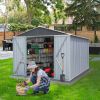 8' x 12' Hinge Outdoor Storage Room, Storage Shed with 2 Doors, Sloping Roof and 6 Pegs, Outside Garden Shed for Tools, Bike, Lawnmower and Garbage