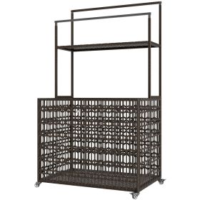 Outsunny Wicker Pool Float Storage Organizer, PE Rattan Pool Float Holder with Basket Shelf Towel Bars, Rolling Pool Caddy for Floaties, Noodles (Color: Brown)