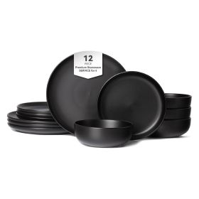 12-Piece Stoneware Dinner Plates Bowls Sets | Microwave & Dishwasher Safe | Non-Toxic Dinner Plates Bowls Set | Stackable Matte Glaze Kitchenware for (Main Material: Stone, Main Color: Black)