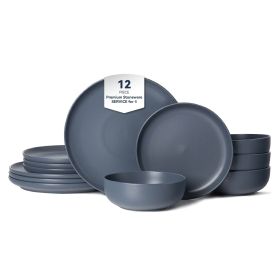 12-Piece Stoneware Dinner Plates Bowls Sets | Microwave & Dishwasher Safe | Non-Toxic Dinner Plates Bowls Set | Stackable Matte Glaze Kitchenware for (Main Material: Stone, Main Color: Blue)