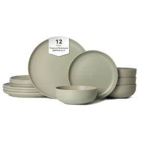 12-Piece Stoneware Dinner Plates Bowls Sets | Microwave & Dishwasher Safe | Non-Toxic Dinner Plates Bowls Set | Stackable Matte Glaze Kitchenware for (Main Material: Stone, Main Color: Green)