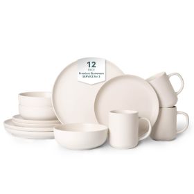 12-Piece Stoneware Dinnerware Sets with Mugs | Microwave & Dishwasher Safe | Non-Toxic Dinner Plates Bowls Set | Stackable Matte Glaze Kitchenware for (Main Material: Stone, Main Color: White)