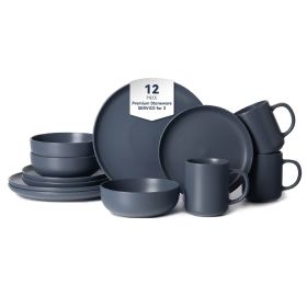 12-Piece Stoneware Dinnerware Sets with Mugs | Microwave & Dishwasher Safe | Non-Toxic Dinner Plates Bowls Set | Stackable Matte Glaze Kitchenware for (Main Material: Stone, Main Color: Blue)