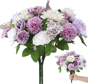 Hoteam 2 Bundles Artificial Flowers Combo Silk Mix Purple Fake Flowers with Stems Roses Chrysanthemum Dahlia Greenery Combo Set for DIY Wedding Bouque (Color: Purple Series)