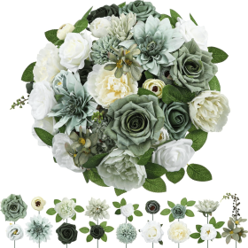 Hoteam 2 Bundles Artificial Flowers Combo Silk Mix Purple Fake Flowers with Stems Roses Chrysanthemum Dahlia Greenery Combo Set for DIY Wedding Bouque (Color: Green)