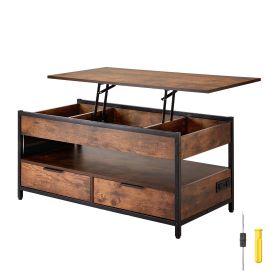 VEVOR Lift Top Coffee Table 39.4" Rectangle Coffee Table with Light & USB Brown (Flip-Top Desktop: Non-Flippable, size: 39.4 inch)
