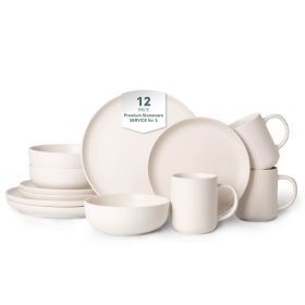12-Piece Stoneware Dinnerware Sets with Mugs | Microwave & Dishwasher Safe | Non-Toxic Dinner Plates Bowls Set | Stackable Matte Glaze Kitchenware for (Main Material: Stone, Main Color: White)